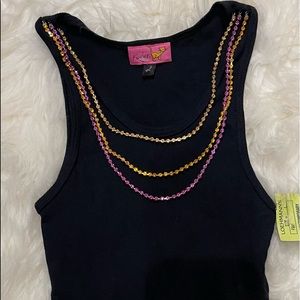 Black Tank Top with rhinestone drape Sz L